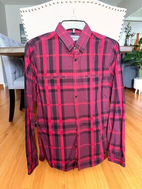 Express Men’s Burgundy and Black Plaid Button-Down Shirt